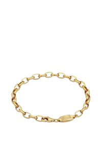 Goldkette-Armband mit ovalen Gliedern und einem sicheren Verschluss, der mit einer strukturierten, gravierten Detailverzierung versehen ist. Glatte, glänzende Oberfläche.