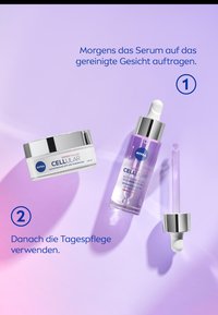NIVEA Cellular Expert Filler products: a white cream jar with silver lid and a purple serum bottle with dropper. Text and numbers in blue.