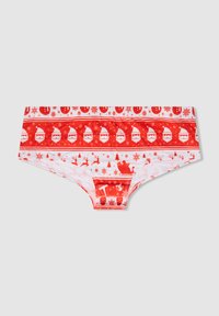 Slip in tessuto rosso e bianco con motivi a tema natalizio, tra cui Babbo Natale, fiocchi di neve e renne. Texture liscia, design elasticizzato.