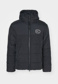 Black puffer jacket with a zip front, adjustable hood, and Nike Air logo. Features quilted texture and long sleeves. Simple and functional design.