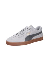 Graue Wildleder-Sneaker mit einem dunkelgrauen Seitenstreifen, goldenen Logo-Akzenten und einer braunen Gummisohle. Verfügt über flache Schnürsenkel und einen gepolsterten Kragen.