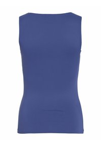 Beżowa bluzka bez rękawów w jednolitym, ciemnoniebieskim kolorze, o dopasowanym kroju, gładkiej fakturze i okrągłym dekolcie. Bez wzorów ani ozdób.