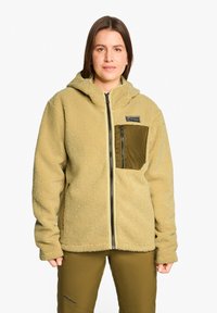 Fleecejacke in hellem Khaki, mit einem Reißverschluss vorne, Kapuze und einer olivgrünen Reißverschlusstasche. Weicher Griff und ein gemütliches Design.