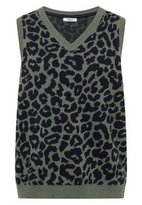 Gilet sans manches en tricot avec base verte et motif imprimé léopard noir, avec col en V et bords côtelés.