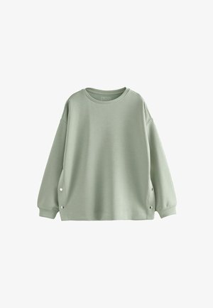 Jasnozielony sweter z okrągłym dekoltem, opuszczonymi ramionami i zapięciami po bokach. Miękka tkanina o gładkiej fakturze.