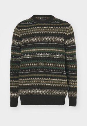 Knitted sweater featuring a dark background with multi-colored geometric patterns in green, beige, and white. Classic crew neck design.