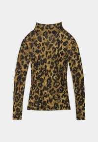 Leopard print long-sleeve top in shades of brown and black, featuring a high neck and textured fabric with detailed pattern accents.