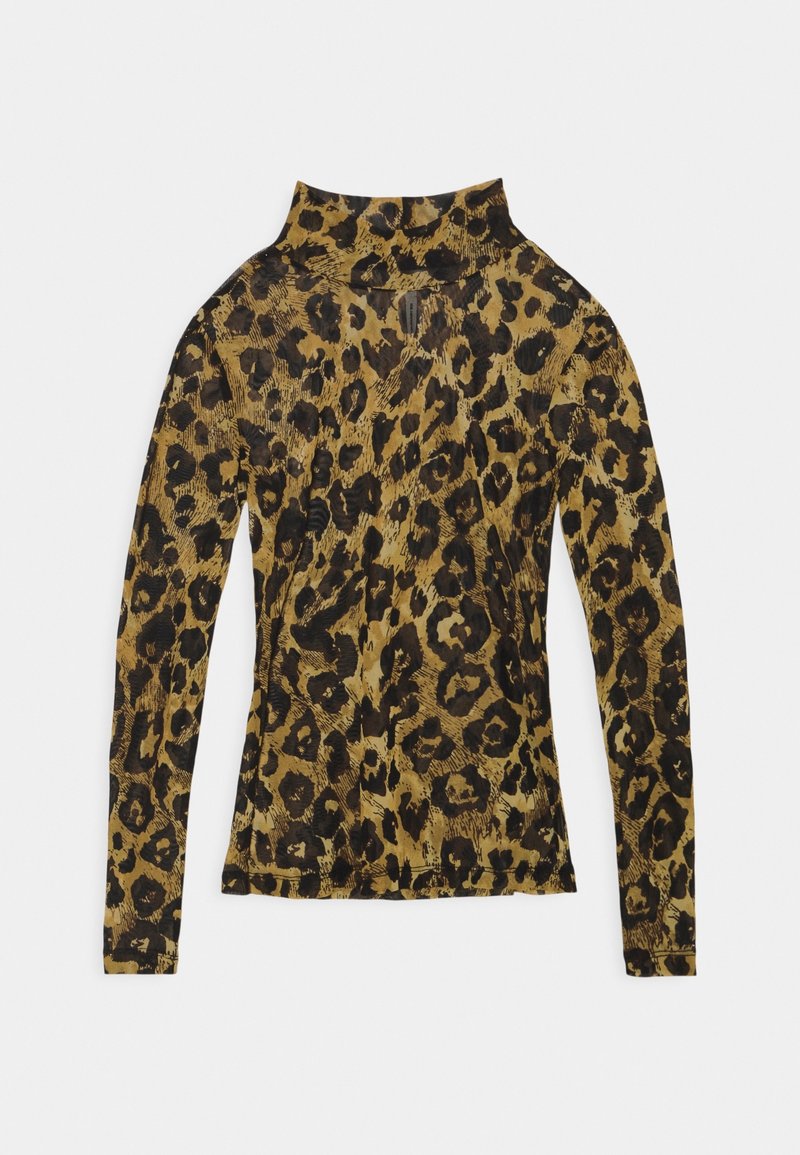 Leopard print long-sleeve top in shades of brown and black, featuring a high neck and textured fabric with detailed pattern accents.