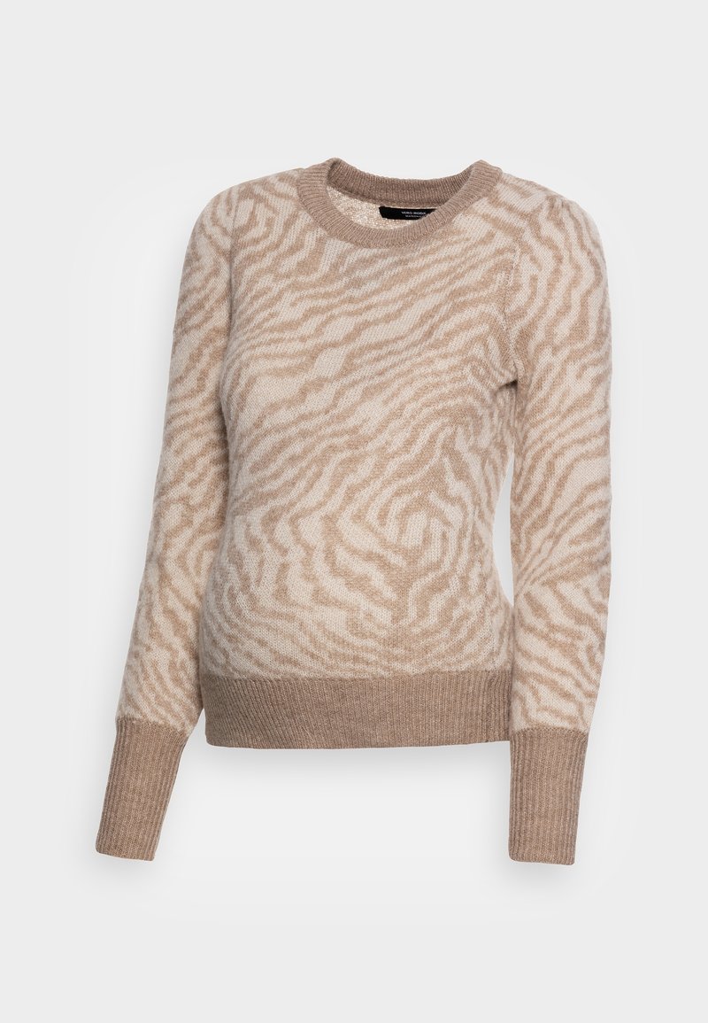 Beige och vit djurtryck långärmad stickad tröja med ribbade ärmslut, nederkant och halsringning, uppvisad på en vit bakgrund.