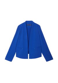 Giacca blu con colletto a scialle, maniche lunghe e due tasche frontali. Il materiale appare liscio con una leggera lucentezza, presentando accenti hardware minimi.