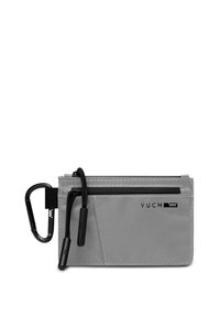 Gray fabric wallet with a textured surface, featuring a black zipper and carabiner. Includes a brand logo in black on the front.