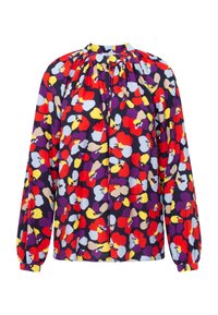 Långärmad blus i lätt tyg med blommönster i röd, lila, gul och blått på en mörk bakgrund, med en rynkad halsringning.
