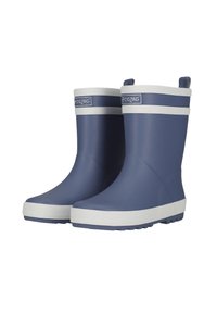 Bottes de pluie en caoutchouc bleu avec des accents blancs et des rayures sur le haut. Texture lisse, bout rond et semelle crantée pour une meilleure adhérence.