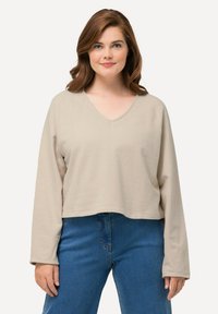 Beige lange mouw top met een V-hals en een relaxte pasvorm. Gemaakt van een textuurmateriaal, heeft het een cropped ontwerp en brede mouwen.