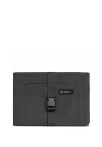 Grijze stoffen portemonnee met een rechthoekige vorm, voorzien van een voorkeursband en een zwarte sluiting. Inclusief een merketiket "REDOLZ."