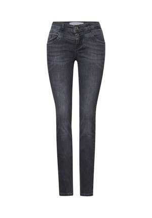Skinny jeans in dark denim feature a high waistband, two front pockets, and dual-button closure. Subtle fade and stitching details are visible.