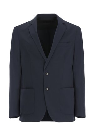 Blazer azul marino para hombre con dos botones, dos bolsillos delanteros y un bolsillo en el pecho, mostrado sobre un fondo blanco.