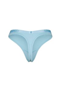 Un string bleu clair en tissu doux, doté d'une large ceinture logotée. Le design comprend peu de coutures et une texture lisse.