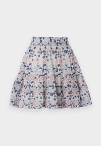 Blomstertrykt skjørt i lyseblått, med rosa og marineblå blomster. Lagdelt design med elastisk liv og myk, teksturert stoff.