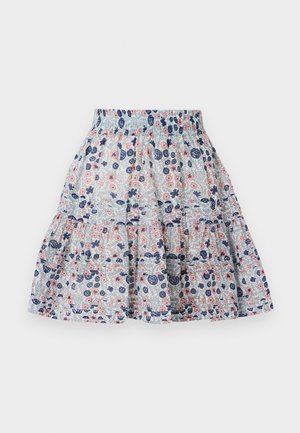 Lichtblauwe rok met bloemenprint, versierd met roze en marineblauwe bloemen. Gelaagd ontwerp met een elastische tailleband en zachte, gemetste stof.