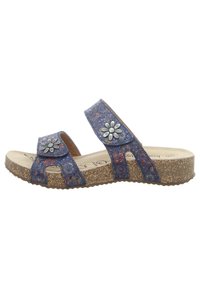 Floral-patterned blue slide sandals with two adjustable straps, silver floral accents, and a cork footbed. Lightweight and contoured design.