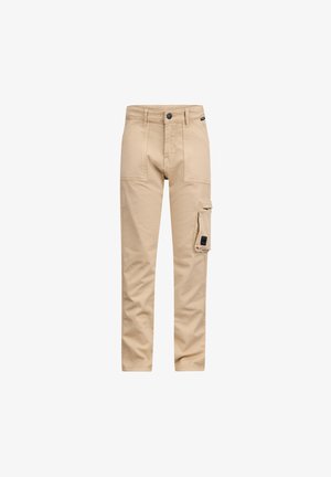 Beige cargo pants made of cotton with a straight-leg design; features include side pockets and a small black emblem on the waistband.