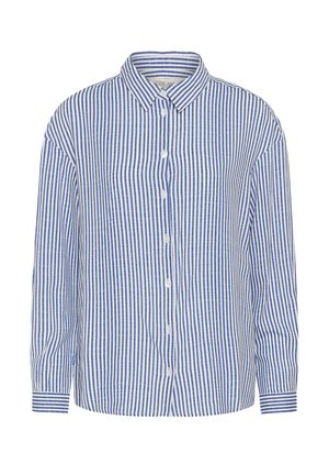 Blauw-wit gestreept overhemd met knopen, een kraag, lange mouwen en een ontspannen pasvorm. Heeft verticale strepen en een gladde textuur.