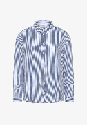 Blauw-wit gestreept overhemd met knopen, een kraag, lange mouwen en een ontspannen pasvorm. Heeft verticale strepen en een gladde textuur.