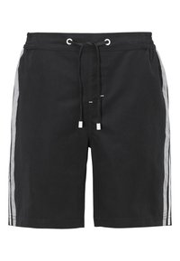 Mustat uima shortsit, joissa on nauhakiristysvyötärö ja harmaat sivupainatukset. Valmistettu sileästä kankaan materiaalista, suunniteltu rentoon käyttöön.