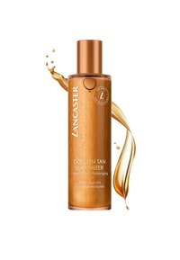 Gouden Tan Maximizer-fles met een bronzen metalen dop. Heldere container gevuld met gouden olie, met tekst en logo. Druipaccent van olie.