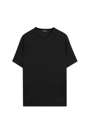 T-shirt noir à manches courtes et col ras du cou avec ourlet droit, présenté sur fond blanc.