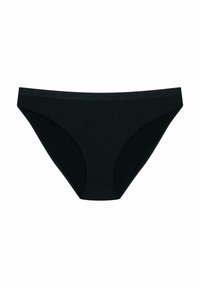 Czarny dół bikini o gładkim, matowym wykończeniu. Posiada niski stan oraz miękką elastyczną talię. Brak widocznych wzorów lub akcentów.