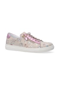 Floral-patterned sneakers with a light beige base, pink metallic heel and laces, and a white rubber sole. Features a side zipper.
