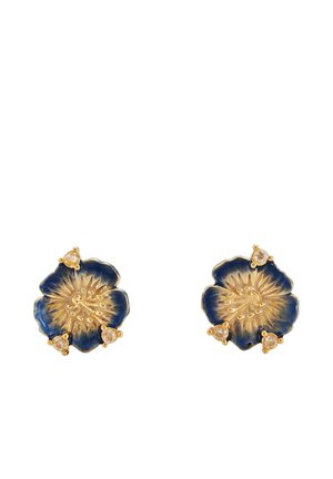 Orecchini a bottone a forma di fiore color oro e blu navy con tre piccole pietre trasparenti sulla punta di ogni petalo.