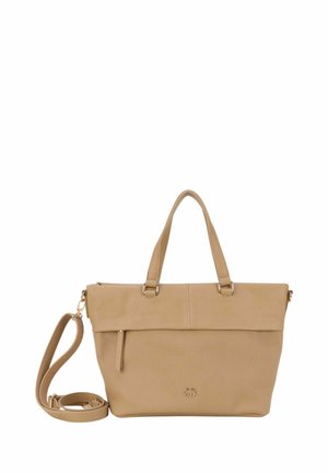 Borsa a tracolla in pelle color tan con manici doppi, una tracolla removibile e una tasca anteriore con zip. Texture liscia con minimi dettagli metallici.