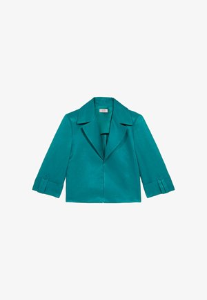 Teal geknipte jas met een inkeping in de kraag, brede driekwartmouwen en knoopmanchetten. Gladde stof met een subtiele glans.