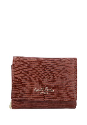 Brown crocodile-embossed leather wallet with a fold-over design and silver logo detail. Smooth texture with prominent scales and zipper accent.