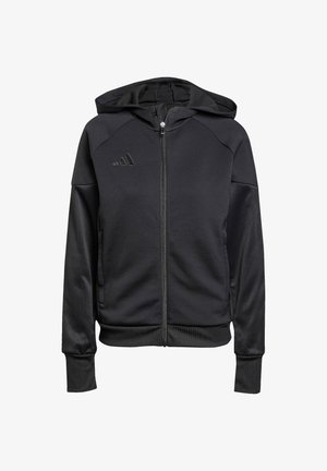 Schwarze Zip-Hoodie aus weichem Stoff, mit glatter Textur, Kapuze und gerippten Bündchen, sowie einem dezenten Logo auf der Brust.