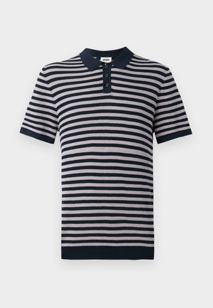 Gestreepte polo shirt met marineblauwe en lichtroze strepen, korte mouwen, een marineblauwe kraag en een placket met drie knopen. Gemaakt van textuur gebreide stof.