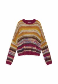 Maglione morbido a righe nelle tonalità di senape, rosa, bordeaux e crema con scollo rotondo e maniche lunghe, disteso su uno sfondo bianco.