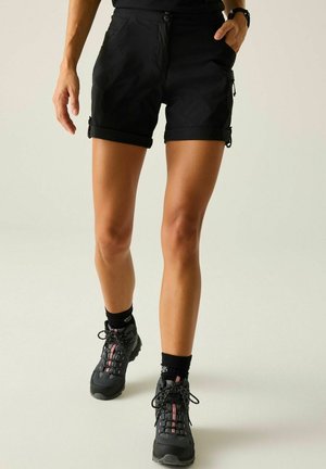 Persona con pantalones cortos negros remangados, calcetines negros y zapatos de senderismo negros caminando sobre un fondo liso claro.