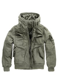 Olivgrüne Militärjacke mit abnehmbarem Kapuze, mehreren Fronttaschen, gerippten Bündchen und strukturiertem Finish. Mit Reißverschluss.