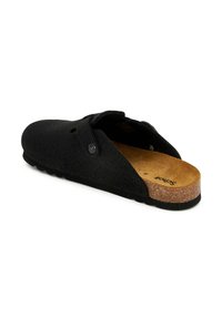 Sabot en mélange de laine noire avec sangle ajustable, semelle intérieure en liège, semelle texturée et design minimaliste. Comprend un bout rond et une finition lisse.