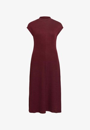 Midi šaty bez rukávov z bordovej pleteniny s funkčným stojačikom a bočnými rozparkami, s jemným vertikálnym švom v strede.