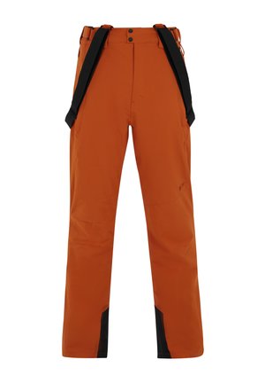 Pantaloni da sci arancioni con dettagli neri, bretelle regolabili, due tasche frontali, gambe rinforzate e un tessuto morbido e impermeabile.