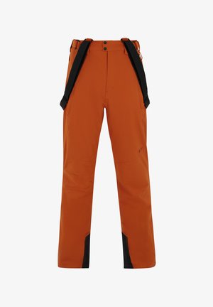 Pantaloni da sci arancioni con dettagli neri, bretelle regolabili, due tasche frontali, gambe rinforzate e un tessuto morbido e impermeabile.