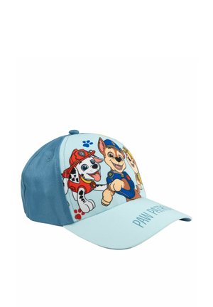 Light blue baseball cap featuring Paw Patrol characters Marshall, Chase, and Rubble with paw prints and "PAW PATROL" text on the brim.