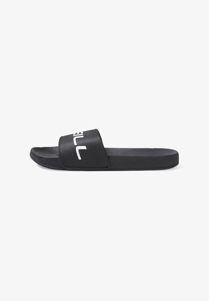 Black slide sandal with a textured strap and a smooth footbed. Features contrasting white logo on the strap. Flat sole design.
