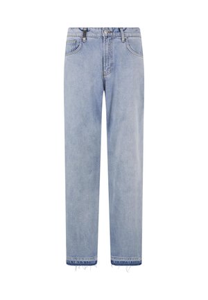 Hele sinised sirge säärega teksapüksid esitaskute, vööaugude, nööpkinnituse ja narmastega äärega.