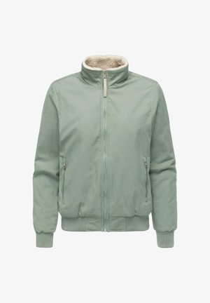 Lichtgroene bomberjack met een zachte beige kraag, rits aan de voorkant en twee zijzakken. Voorzien van geribbelde manchetten en onderrand voor een comfortabele pasvorm.